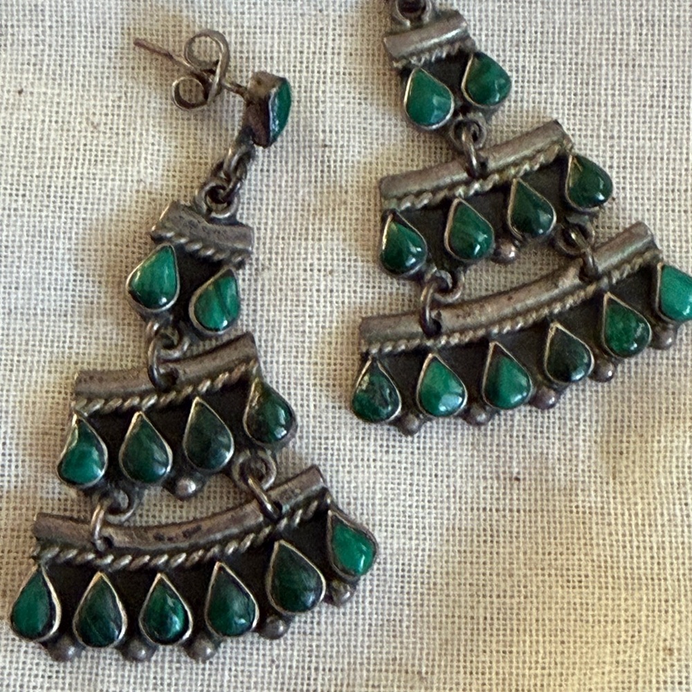 Vintage Mexican Sterling Silver Malachite Green Chandelier Earrings - Picture 2 of 7
